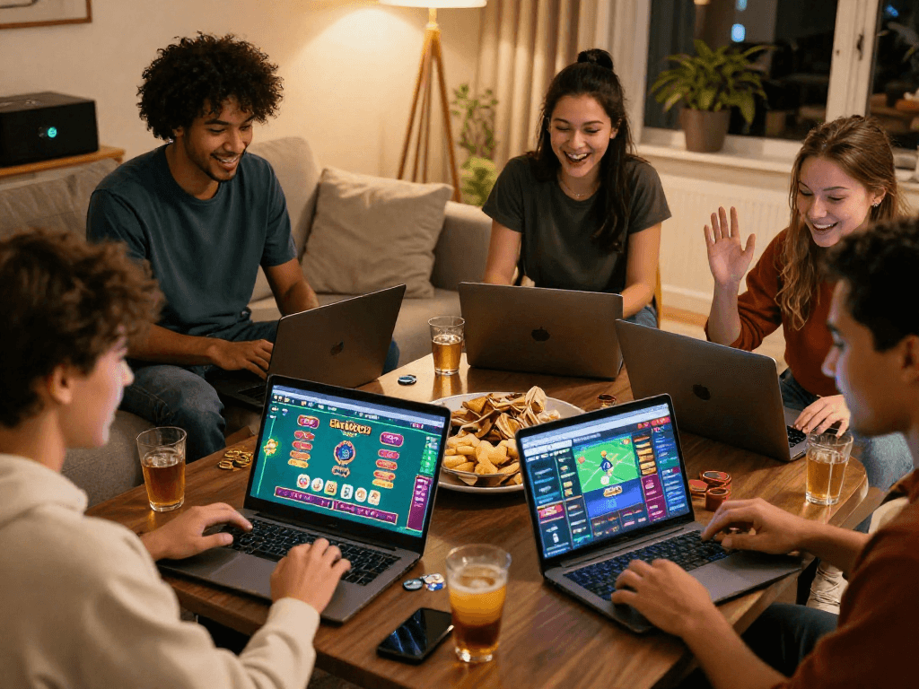 Friends enjoying online gambling at home, showcasing gambleonline experience with vibrant gaming screens.