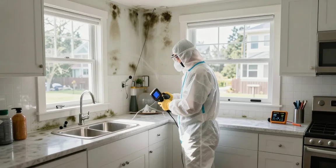 Mold Remediation North Vancouver technician inspecting mold in kitchen, showcasing professional mold cleanup process.