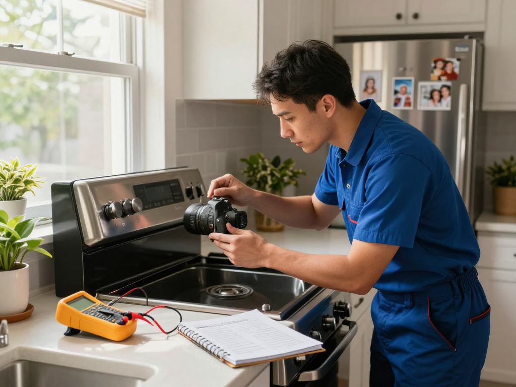Technician performing Range Repair Richmond Hill in a bright kitchen, showcasing home appliance service.