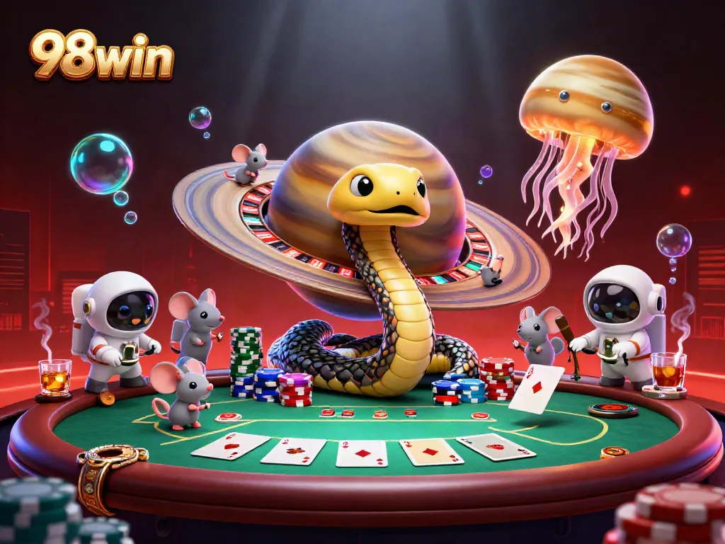 98win players engage at a roulette wheel in a cosmic casino, surrounded by vibrant game elements.