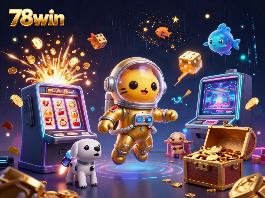 Experience the thrill of 78win casino with a cat astronaut amidst a jackpot explosion!