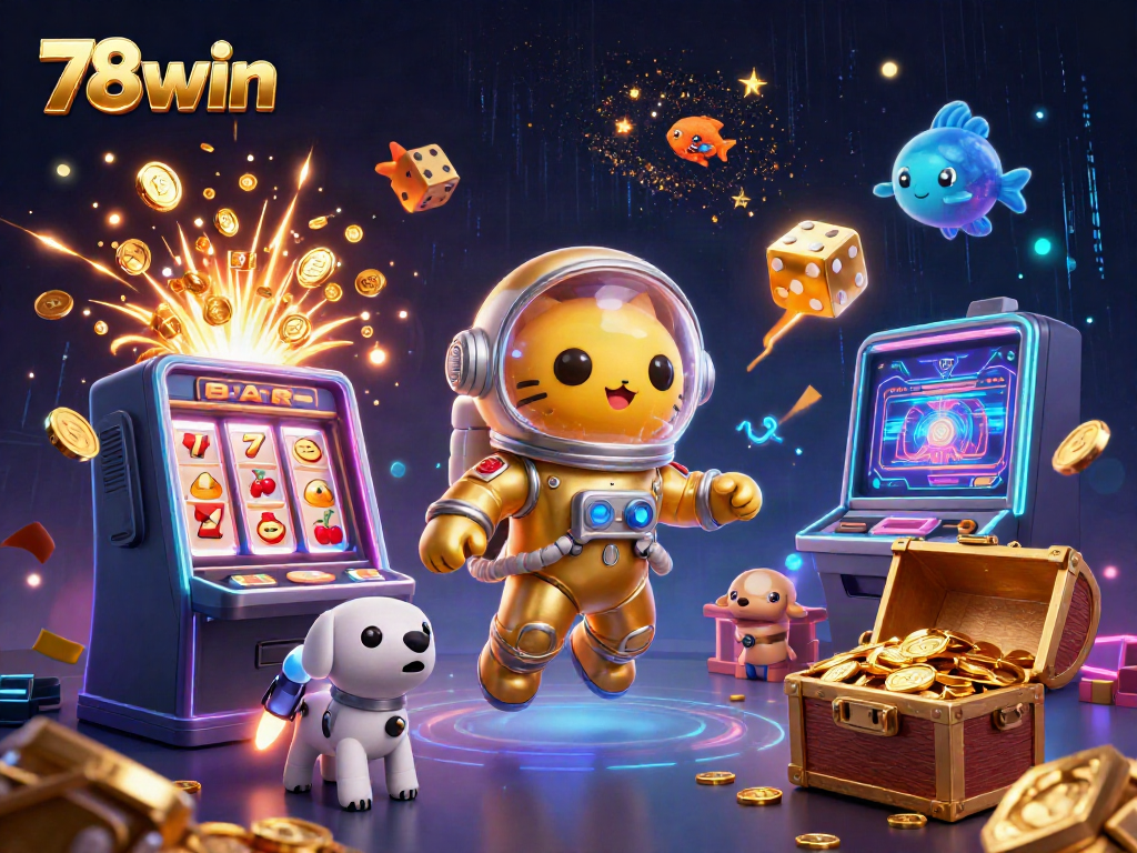 Experience the thrill of 78win casino with a cat astronaut amidst a jackpot explosion!