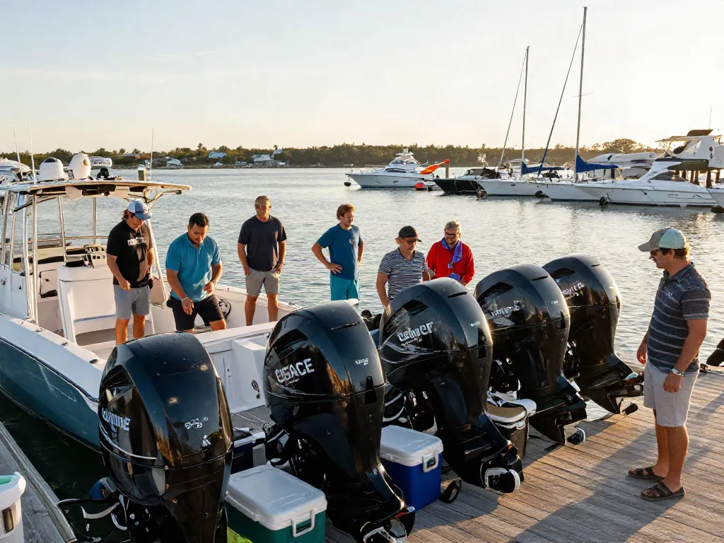 Friends exploring boat motors for sale at a marina, enjoying a sunny day.