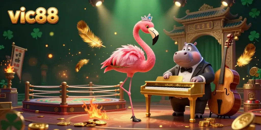 Experience the vibrant excitement of vic88 with a cartoon flamingo singer and hippo bassist in a dynamic casino setting.