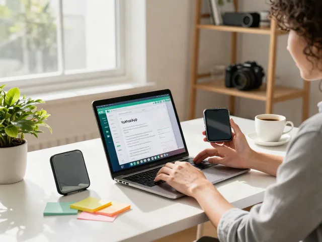 Working on YoWhatsApp features in a bright home office with laptop and smartphone