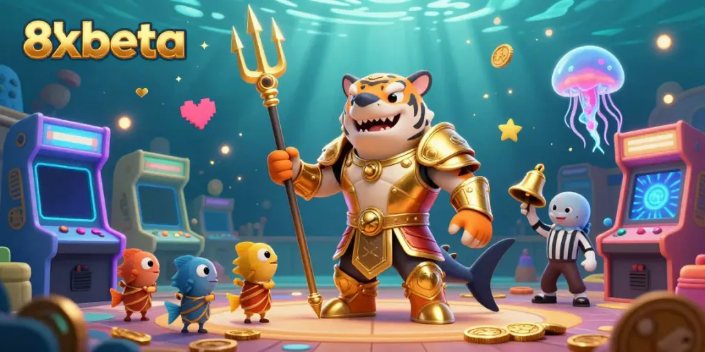 Immerse in 8xbeta's underwater casino adventure, featuring a golden gladiator shark amidst glowing arcade elements.