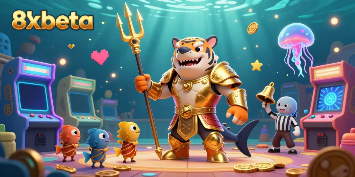 Immerse in 8xbeta's underwater casino adventure, featuring a golden gladiator shark amidst glowing arcade elements.