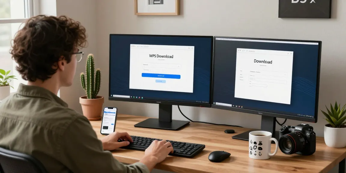 WPS Download interface on a computer screen in a modern workspace, showcasing software installation process.