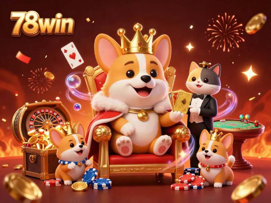 Experience high-stakes gaming at 78win with a royal corgi and luxurious casino elements.
