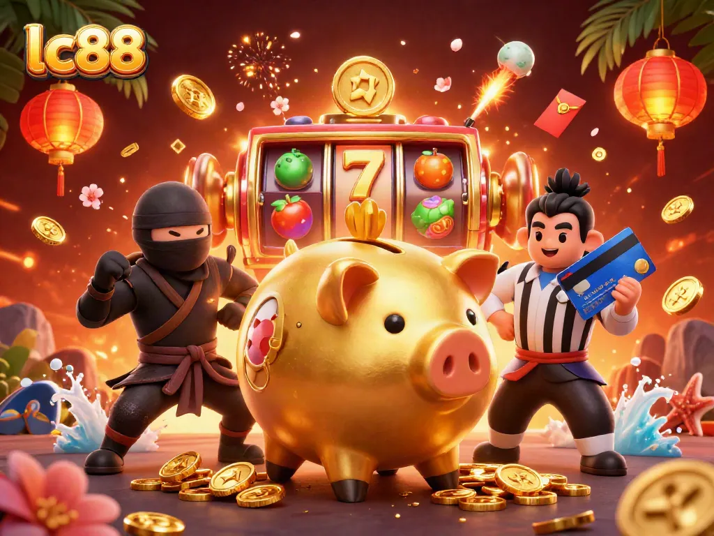 Spin and win at lc88 with a golden piggy bank sumo wrestler amid festive slot elements!
