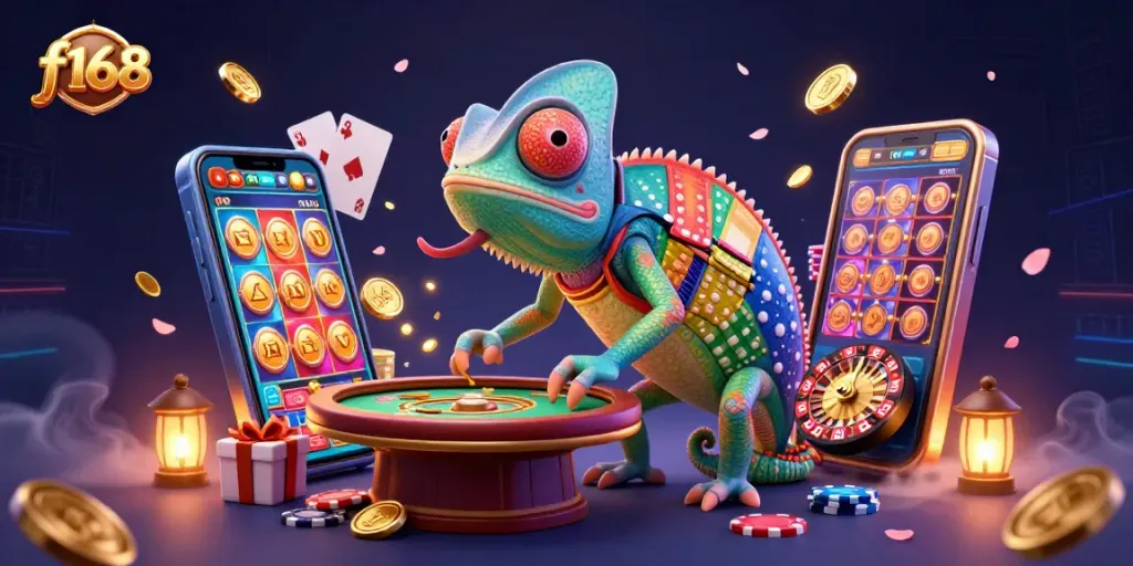 Spin the reels with f168 in this vibrant casino scene featuring a chameleon owner.