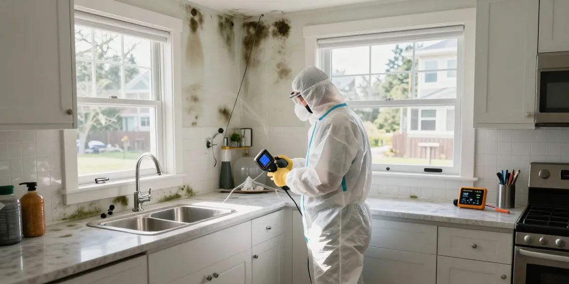 Mold Remediation North Vancouver technician inspecting mold in kitchen, showcasing professional mold cleanup process.