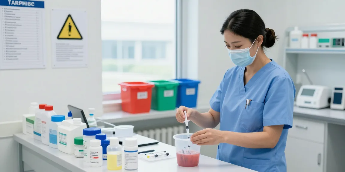 Proper disposal of used syringes in a sharps container at a healthcare facility.