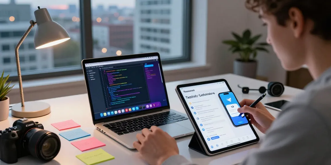 Explore Telegram download options with a user testing app on multiple devices in a vibrant tech workspace.