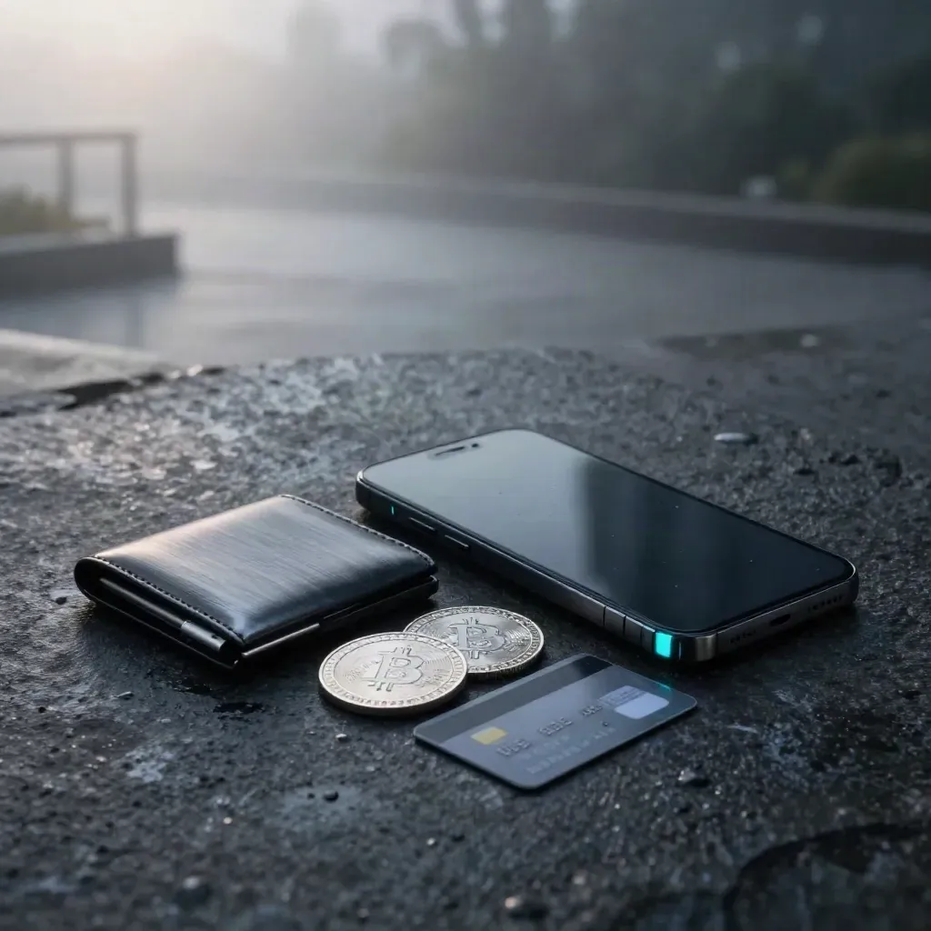 Matte-black phone, wallet, silver coins and card on wet stone in dawn mist.