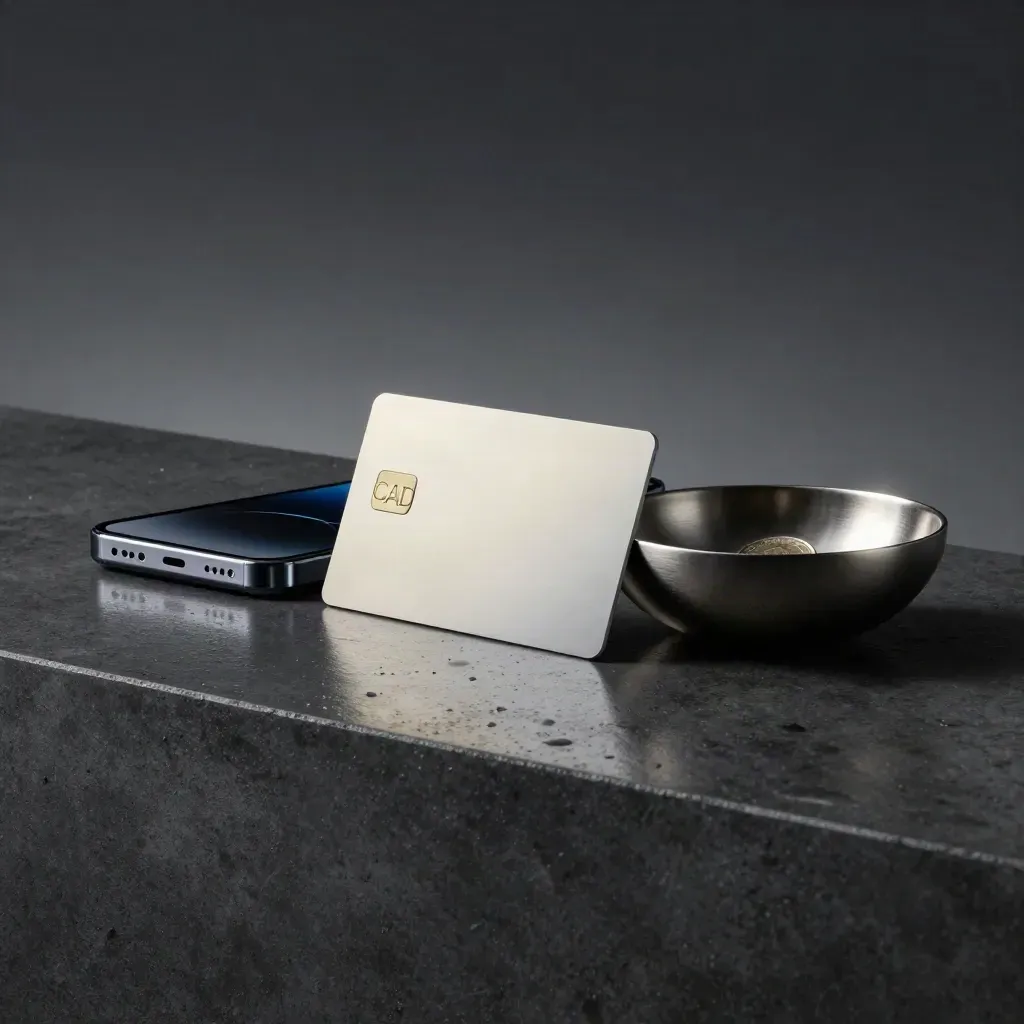 Dark fintech product scene with a CAD card, glass phone, and metal coin bowl on a black counter.