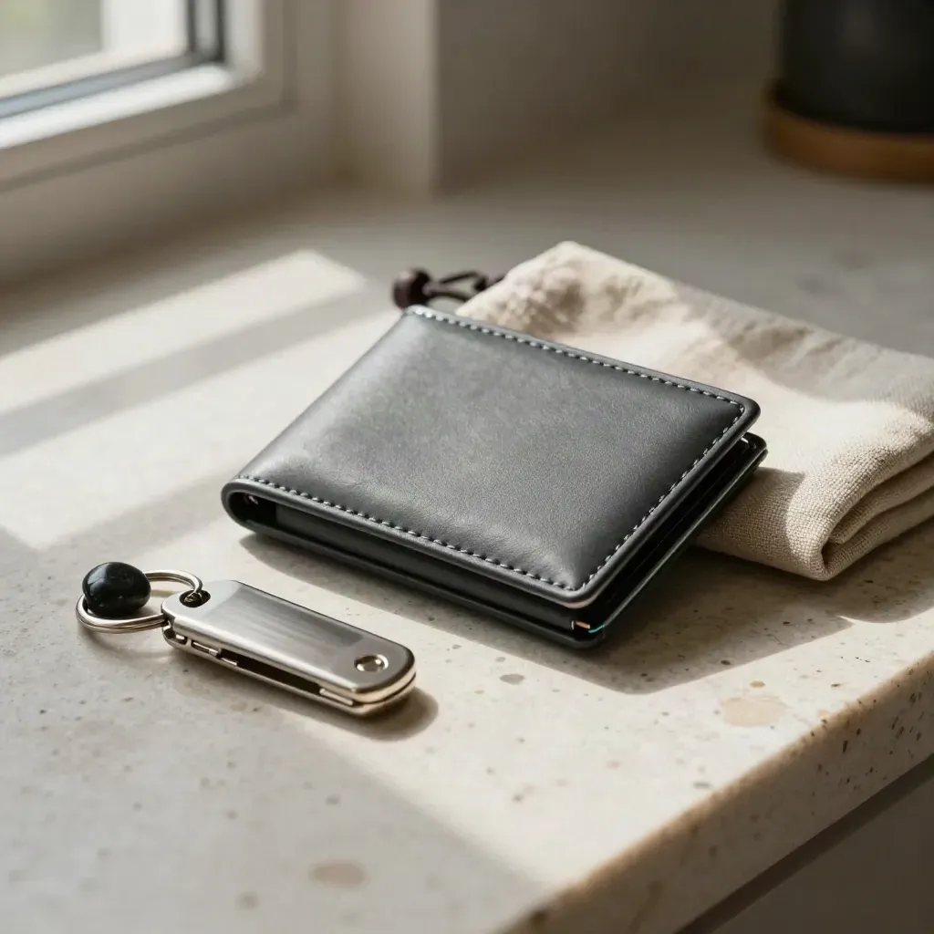 Matte crypto wallet device beside linen pouch, key fob and basalt stone on travertine in soft sun.