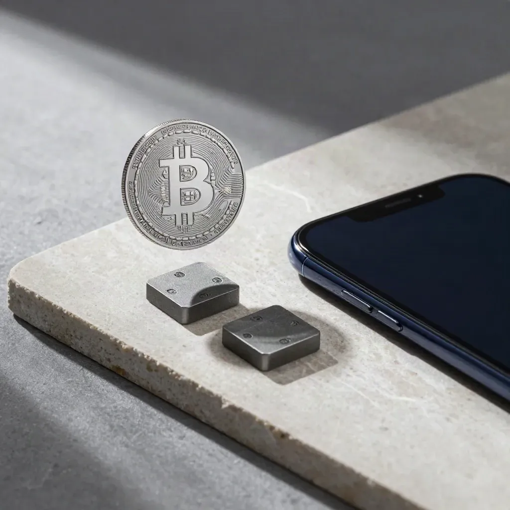 Overhead flatlay of a bitcoin token, phone, and data pucks on pale stone.