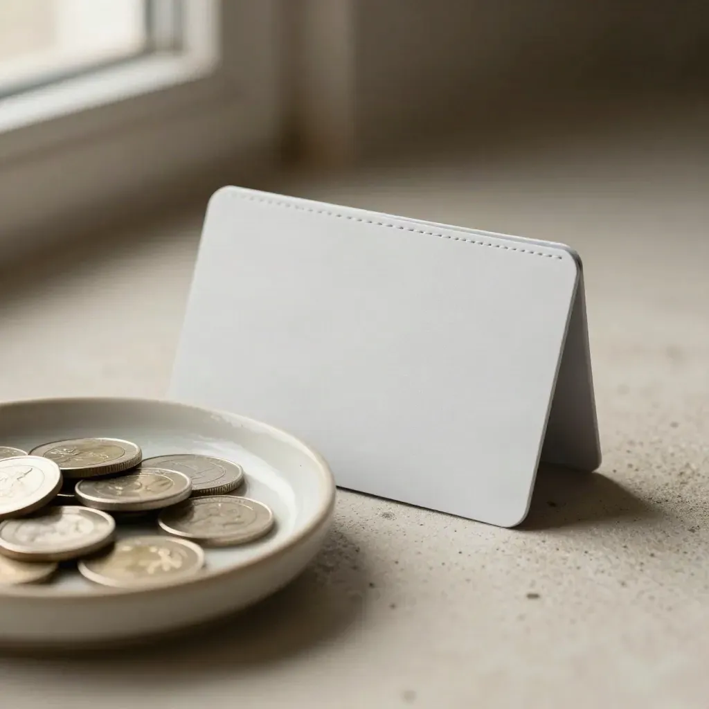 Unbranded payment card in a matte sleeve beside a ceramic dish of coins on pale concrete.