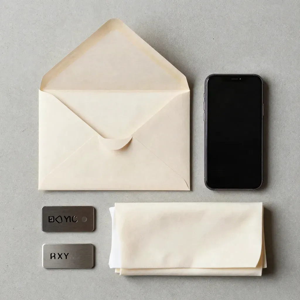 KYC setup kit with envelope, token, phone and cloth on concrete, overhead flatlay