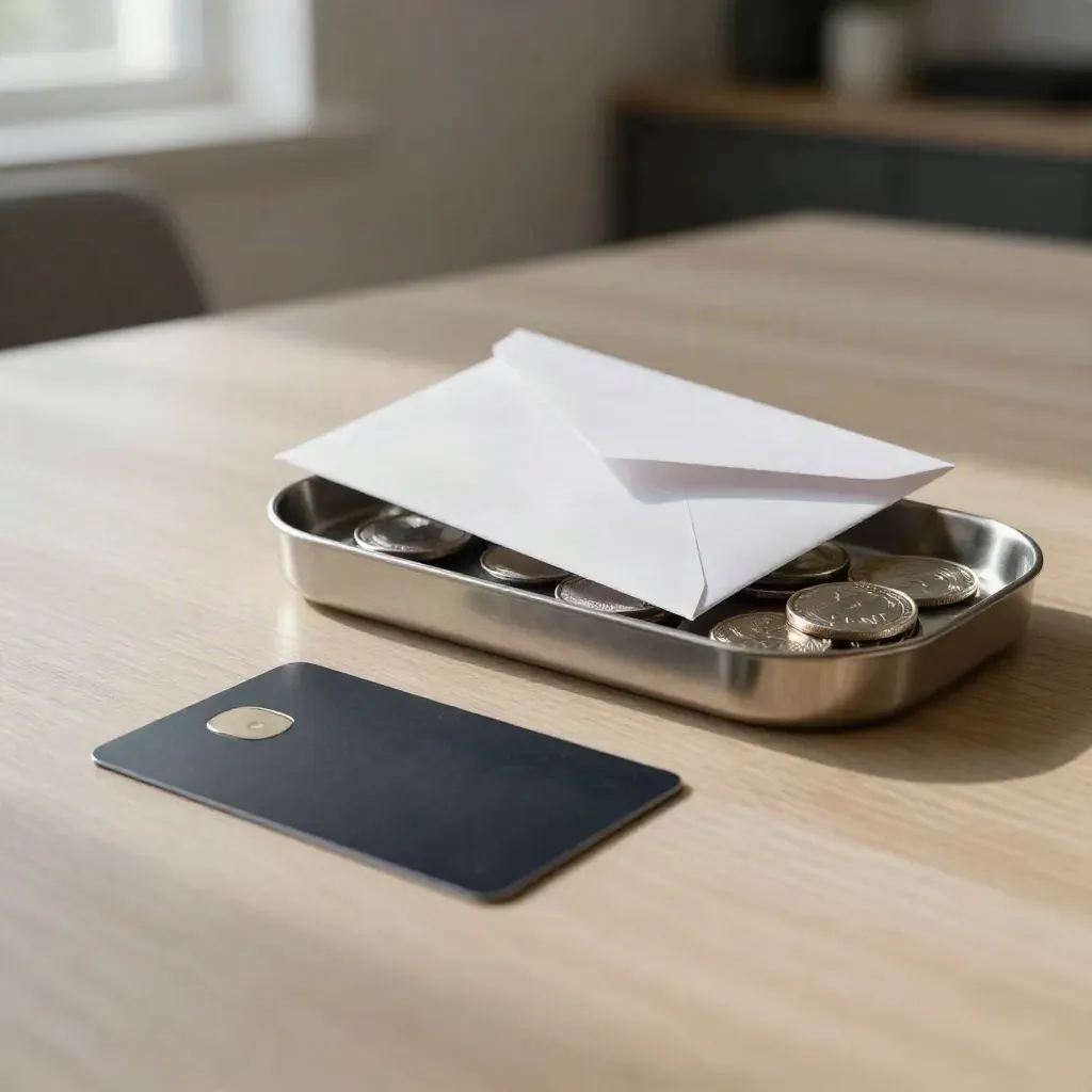 Dark card, bank envelope and metal coin tray on pale wood, lit by soft morning light.