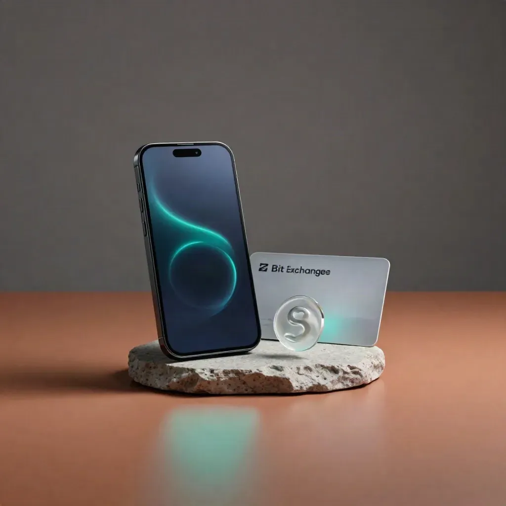 Dark phone, translucent token and stone puck on terracotta clay with a cyan trading glow