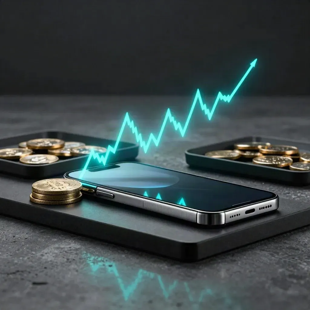 Dark BTC trading stack with cyan surge, metal coins, phone, and chart bar on a black surface.