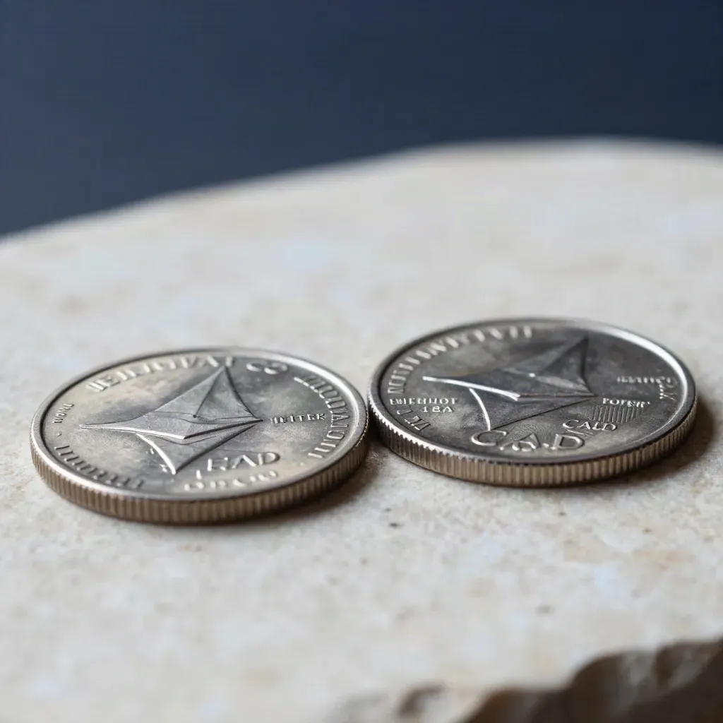 Macro of ETH and CAD metal coins bridged at exchange on stone, with mist and navy accents