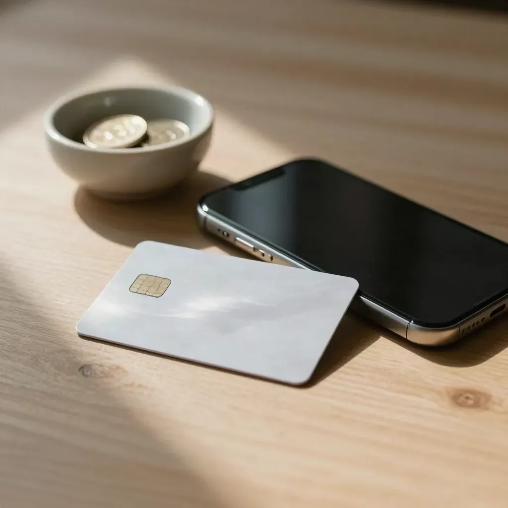 Bank card, phone and coin bowl on pale wood with soft daylight and silver accents.