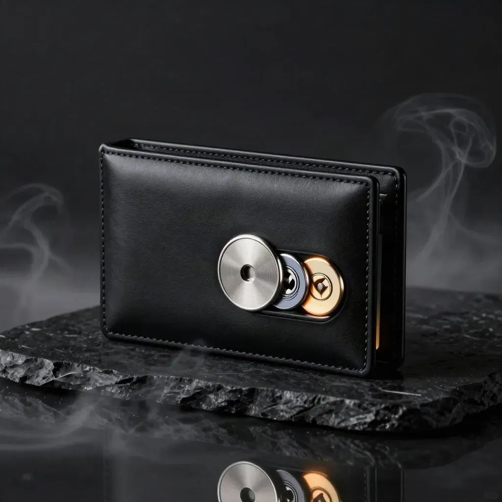 Matte-black wallet vault case opens with key disc and two security tokens in cool dramatic studio light.