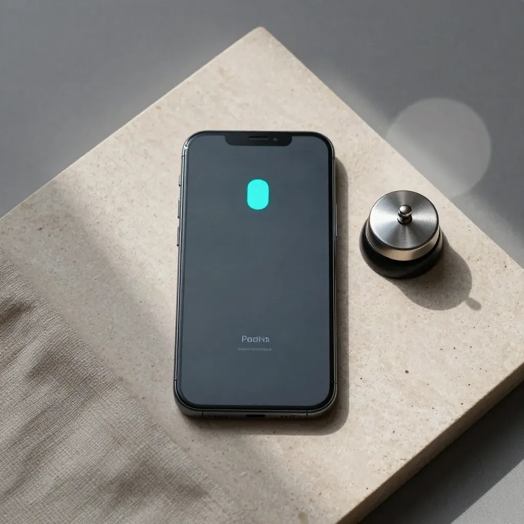 Top-down flatlay of a dark phone, bell puck, and linen strip with a cyan alert glow.