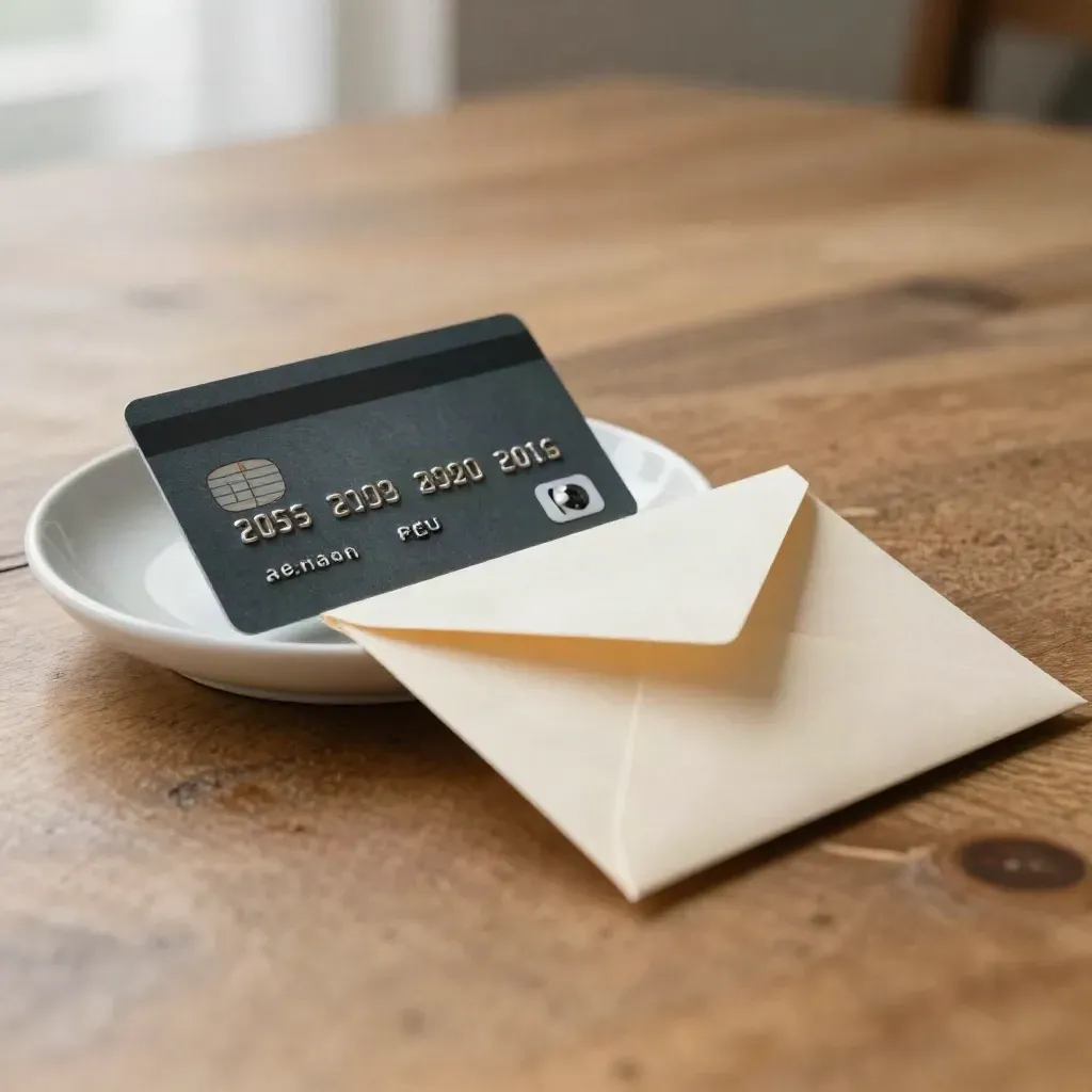 Dark card, ceramic dish, and folded envelope on warm wood in soft morning light.