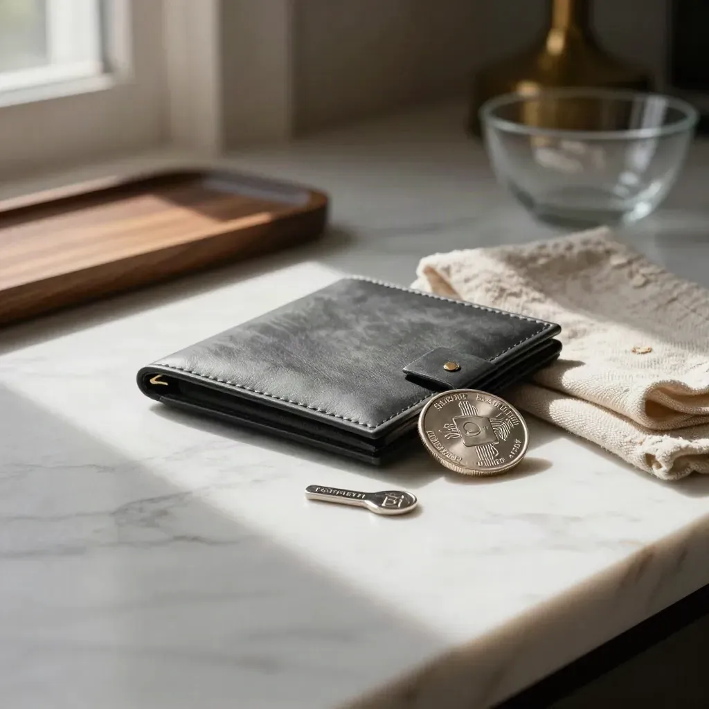 Crypto trading still life on marble with hardware wallet, silver token, and warm loft light.