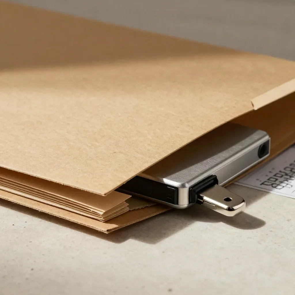 Macro still life of a kraft folder, external drive, and metal clip on pale stone.