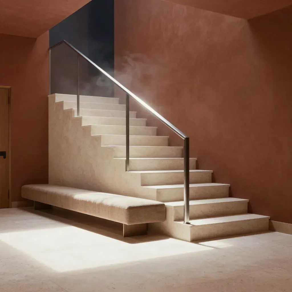 Sunlit stone crypto exchange interior with stair, steel railing and bench