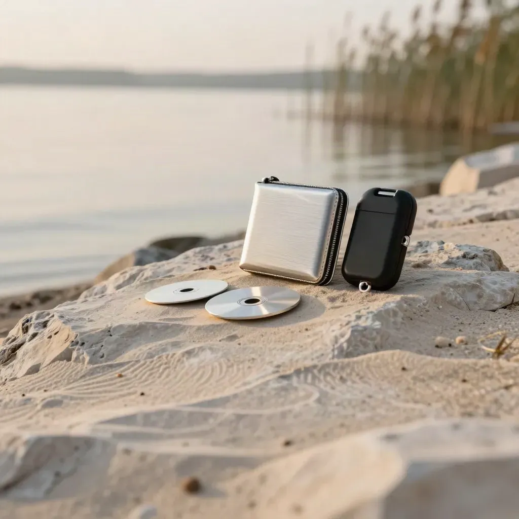 Crypto wallet and silver tokens on a misty lakeshore at sunset