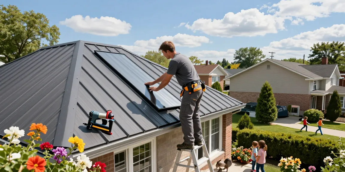 Metal roofing Toronto installation with contractor working on a sunny suburban home, showcasing durable materials and family-friendly atmosphere.