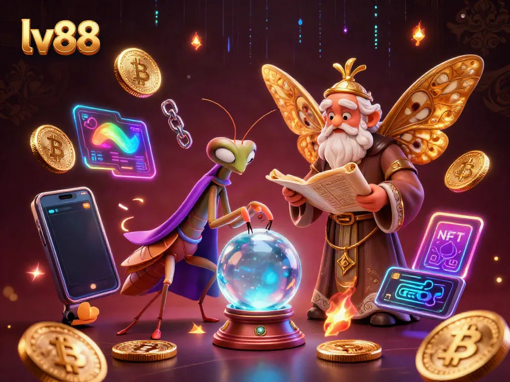 Engage with lv88's immersive online casino experience featuring cartoon fortune tellers and dynamic cryptocurrency elements.