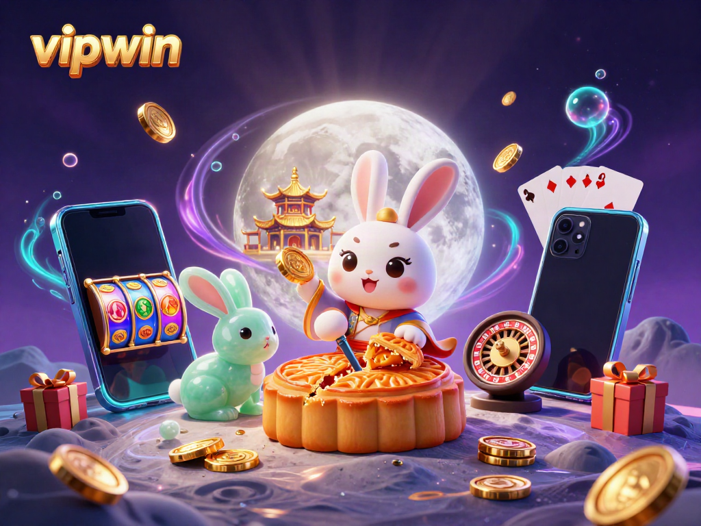 Experience vipwin's enchanting world with a moon rabbit uncovering poker chips in a casino-themed moonlit scene.
