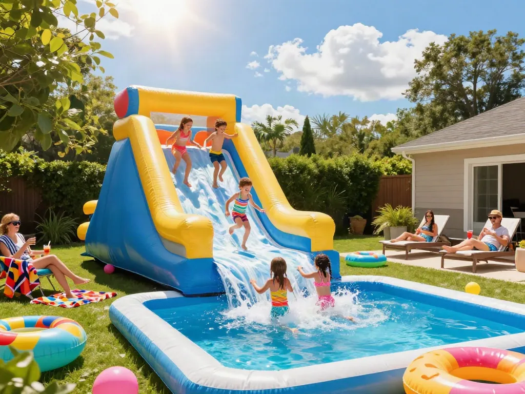 Excited children playing on an inflatable water slide, enjoying summer fun.