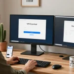 WPS Download interface on a computer screen in a modern workspace, showcasing software installation process.