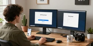 WPS Download interface on a computer screen in a modern workspace, showcasing software installation process.