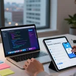 Explore Telegram download options with a user testing app on multiple devices in a vibrant tech workspace.