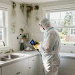 Mold Remediation North Vancouver technician inspecting mold in kitchen, showcasing professional mold cleanup process.