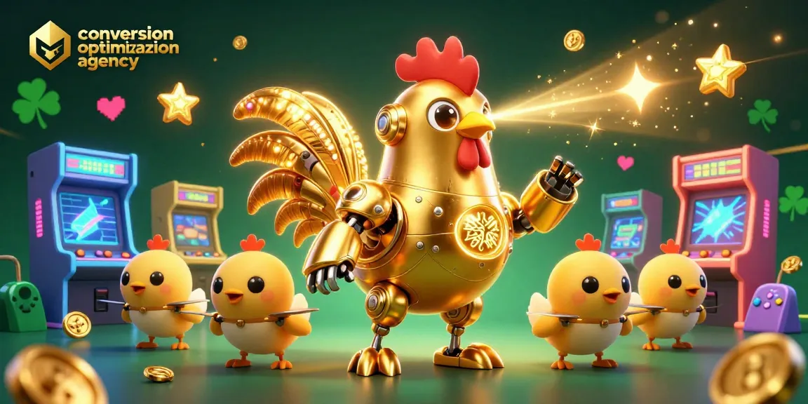 The conversion optimization agency showcases a dynamic scene with a glowing rooster robot amidst vibrant casino elements.