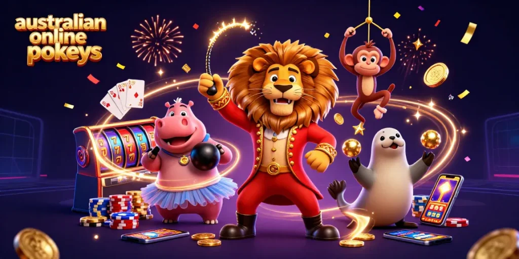 A dynamic scene showcasing australian online pokies with vibrant characters and rich gaming elements.