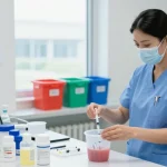 Proper disposal of used syringes in a sharps container at a healthcare facility.