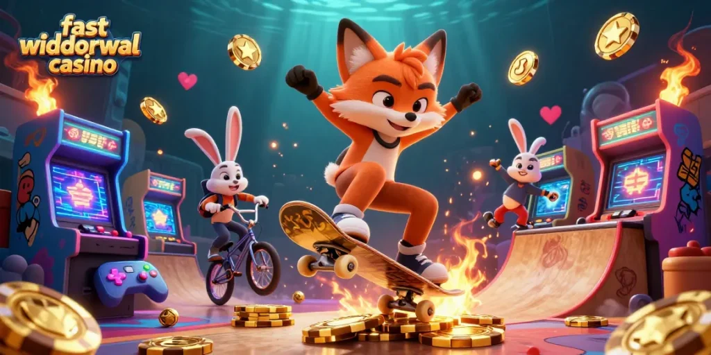 Experience the thrill at a fast withdrawal casino with dynamic gaming elements and vibrant characters.